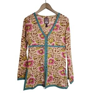 Lucky Brand Button Up Women's Medium Babydoll‎ Hawaiian Floral Long Sleeve
